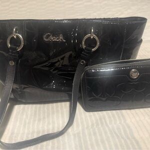 Coach Glossy Black Shoulder Bag and Wallet Set